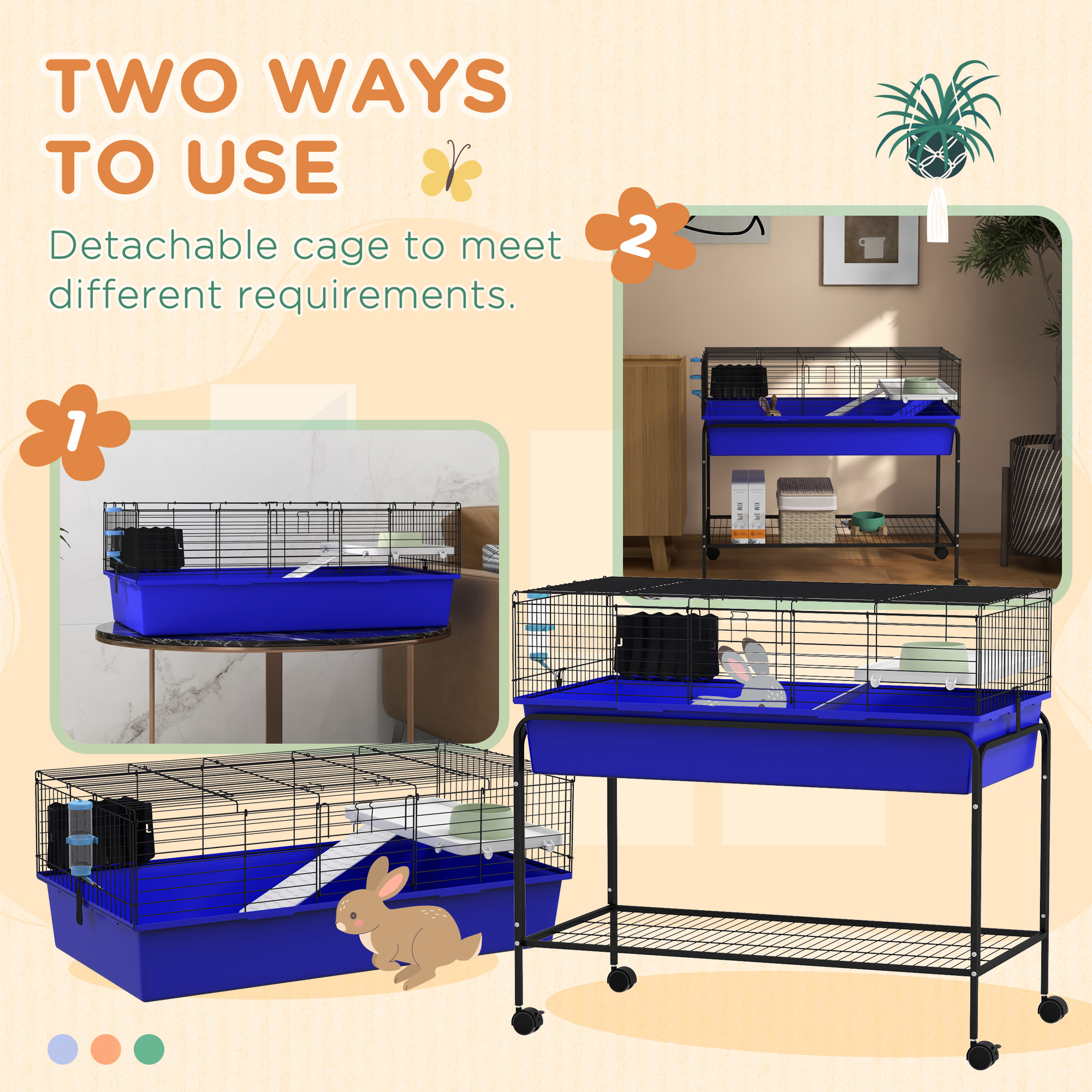 Two-Story Small Animal Cage Removable from Stand, Pet Habitat with Shelf & Wheels, 39" x 20.5" x 36.5", Blue — imagen 5