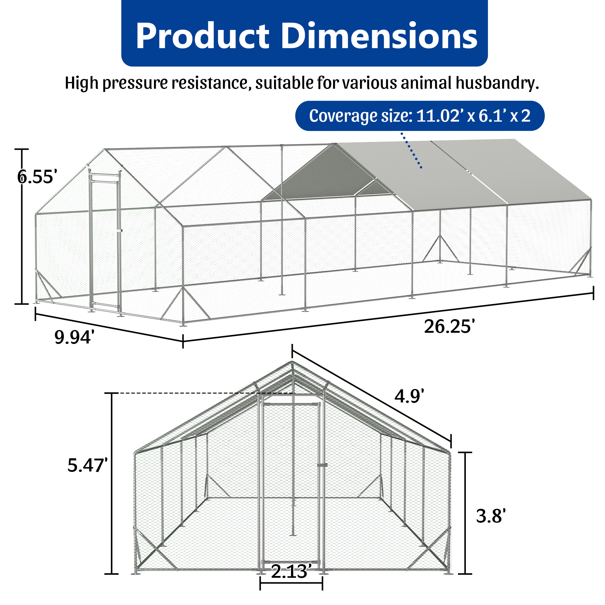 Large Metal Chicken Coop, Walk-in Chicken Run, Galvanized Wire Poultry Chicken Hen Pen Cage, Rabbits Duck Cages With Waterproof And Anti-Ultraviolet Cover For Outside 10 L X 26 W 6.56 H — image 2