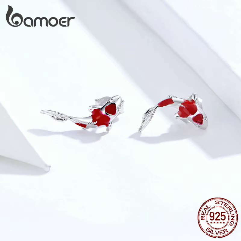 Bamoer Aretes de Estilo Pez Enamel Rojo para Mujeres 925 Sterling Silver Aretes de Koi de Primavera Festival Silver Fashion Jewelry SCE812 — imagen 2