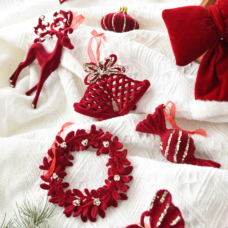 Christmas decoration red flocking elk bell pendant Christmas tree decoration ornaments — image 3