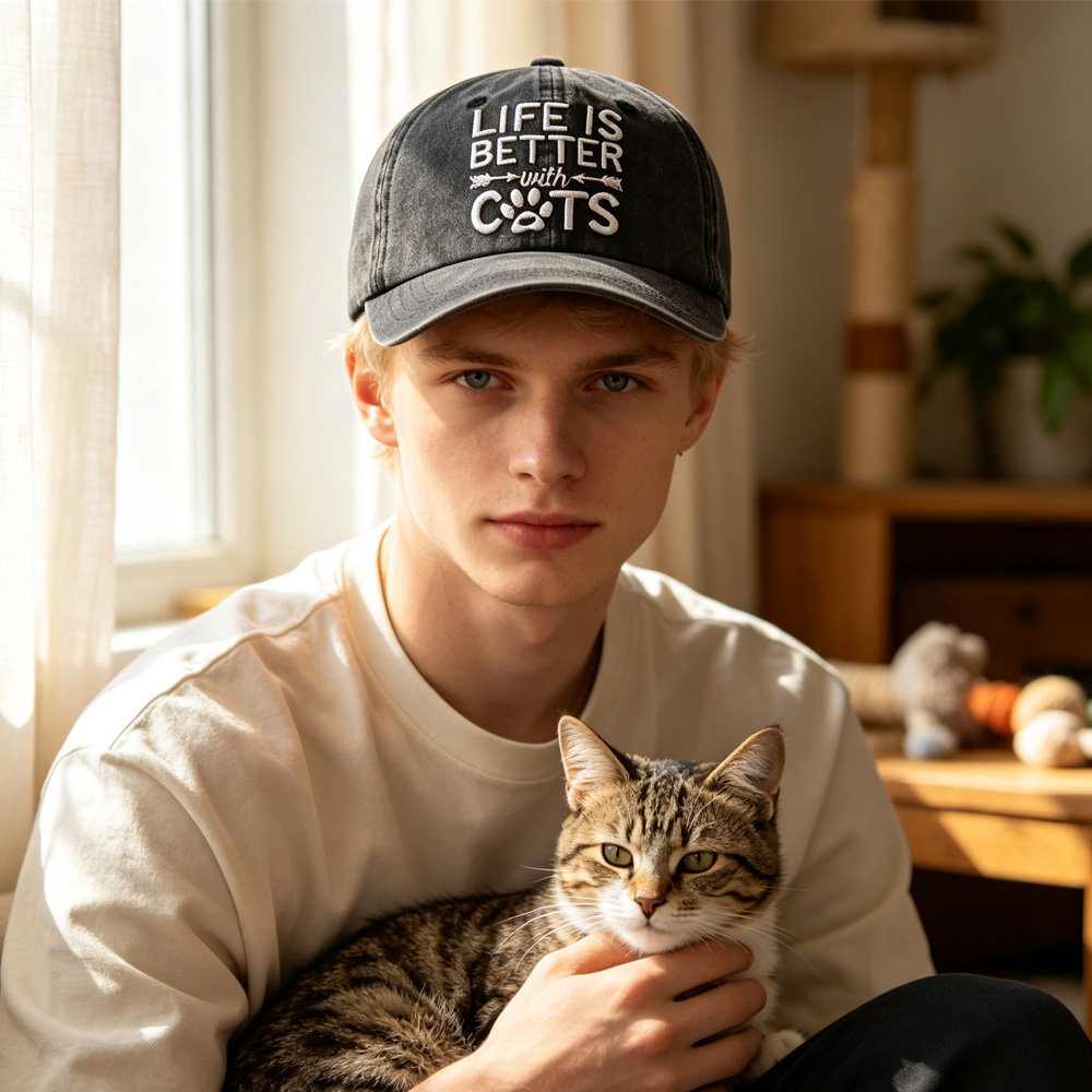 2 Piezas de Gorra de Béisbol Lavada y Desgastada, Gorra de Algodón Vintage con Bordado 'Life Is Better With Cats', Gorra Casual con Huella de Pata de Gato para Amantes de los Gatos — imagen 1