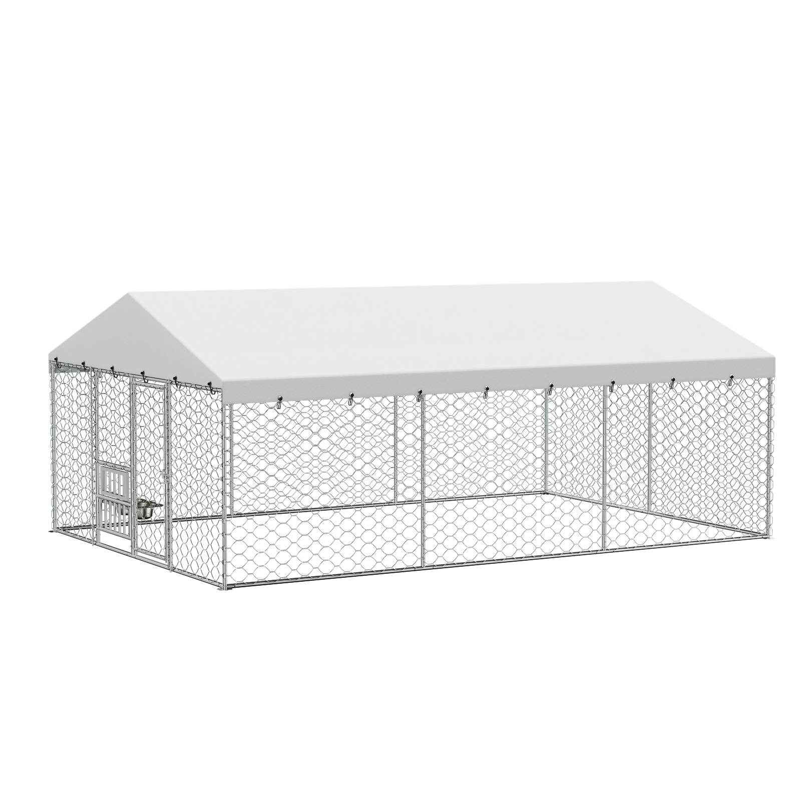 Jaula al aire libre grande para perros con techo, estructura de acero galvanizado resistente, cubierta impermeable, platos de alimentación elevados integrados, jaula de juego segura y cerrada para perros grandes y múltiples animales — imagen 6