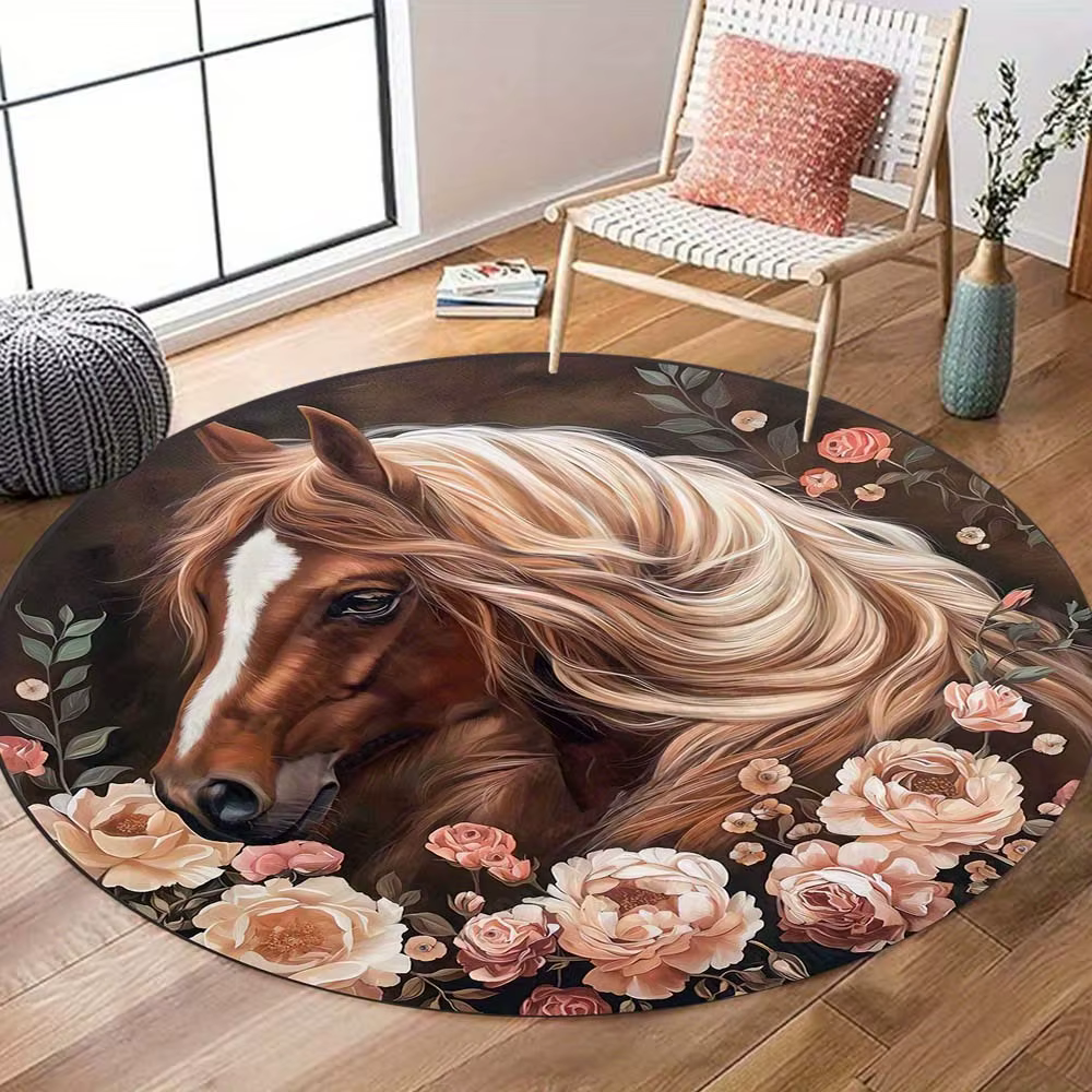 Manta de Alfombra Redonda con Diseño de Flor y Caballo, Tapete Decorativo Antideslizante para Salón y Dormitorio, Regalo Ideal para Decoración del Hogar