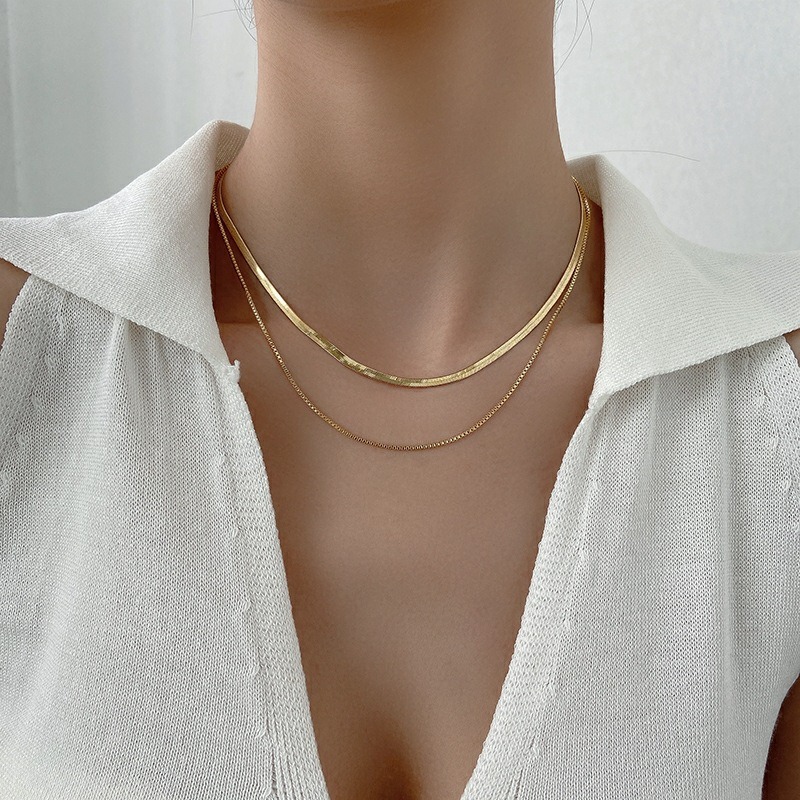 Cadena de hueso de serpiente de acero de titanio doble capa de otoño que no pierde color, collar de oro y plata, cadena de clavícula femenina senior, accesorios hip‑hop — imagen 1