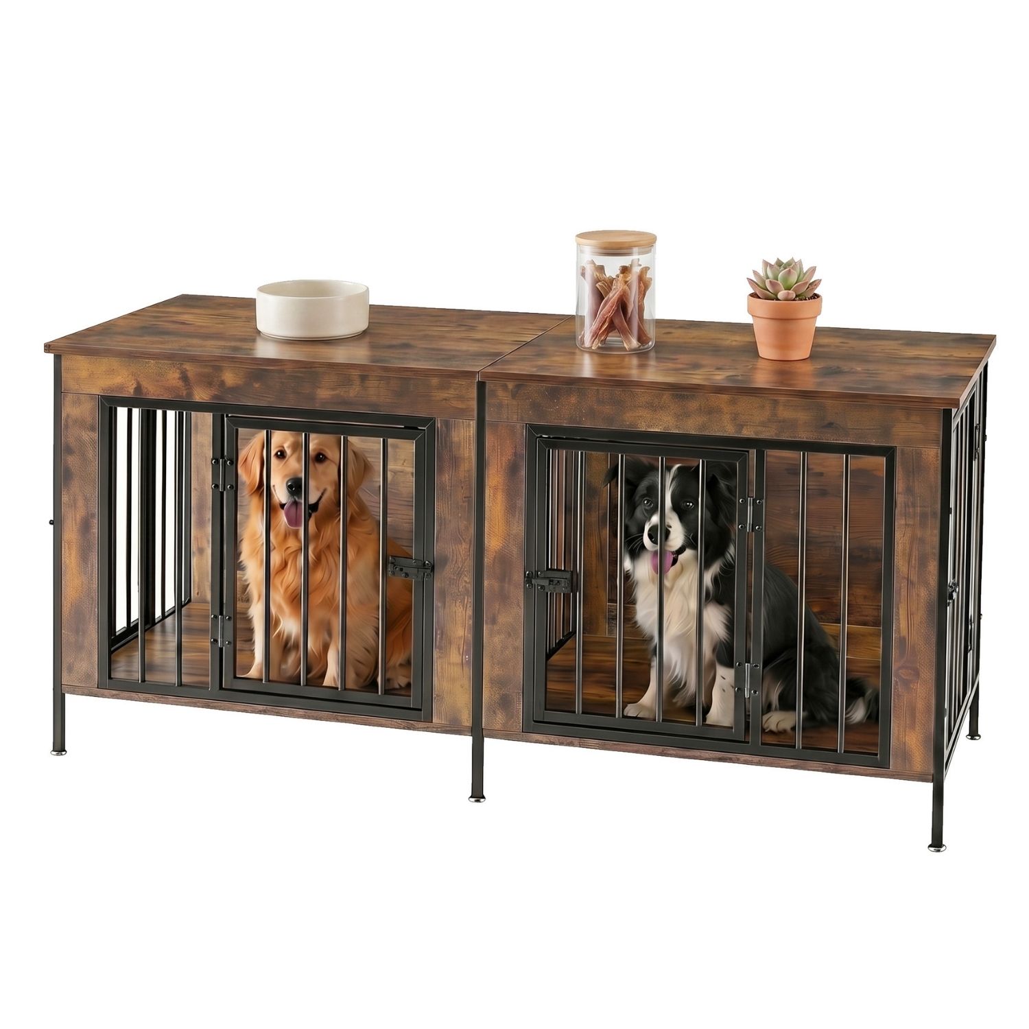 Double Dog Crate Furniture With Divider, Heavy Duty Pet Kennel End Table TV Stand, Extra Large Double Door — image 2