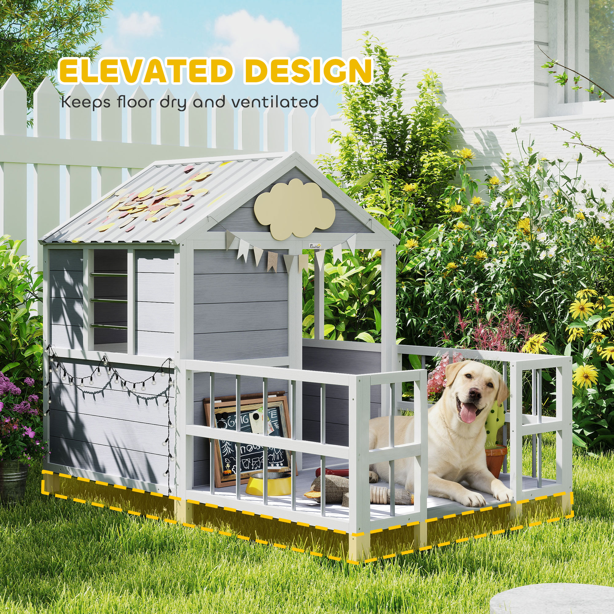 Casa de Perro Exterior, 61"L Casa de Madera para Perros con Porche, Techo Impermeable, Base Elevada y Ventilación — imagen 8