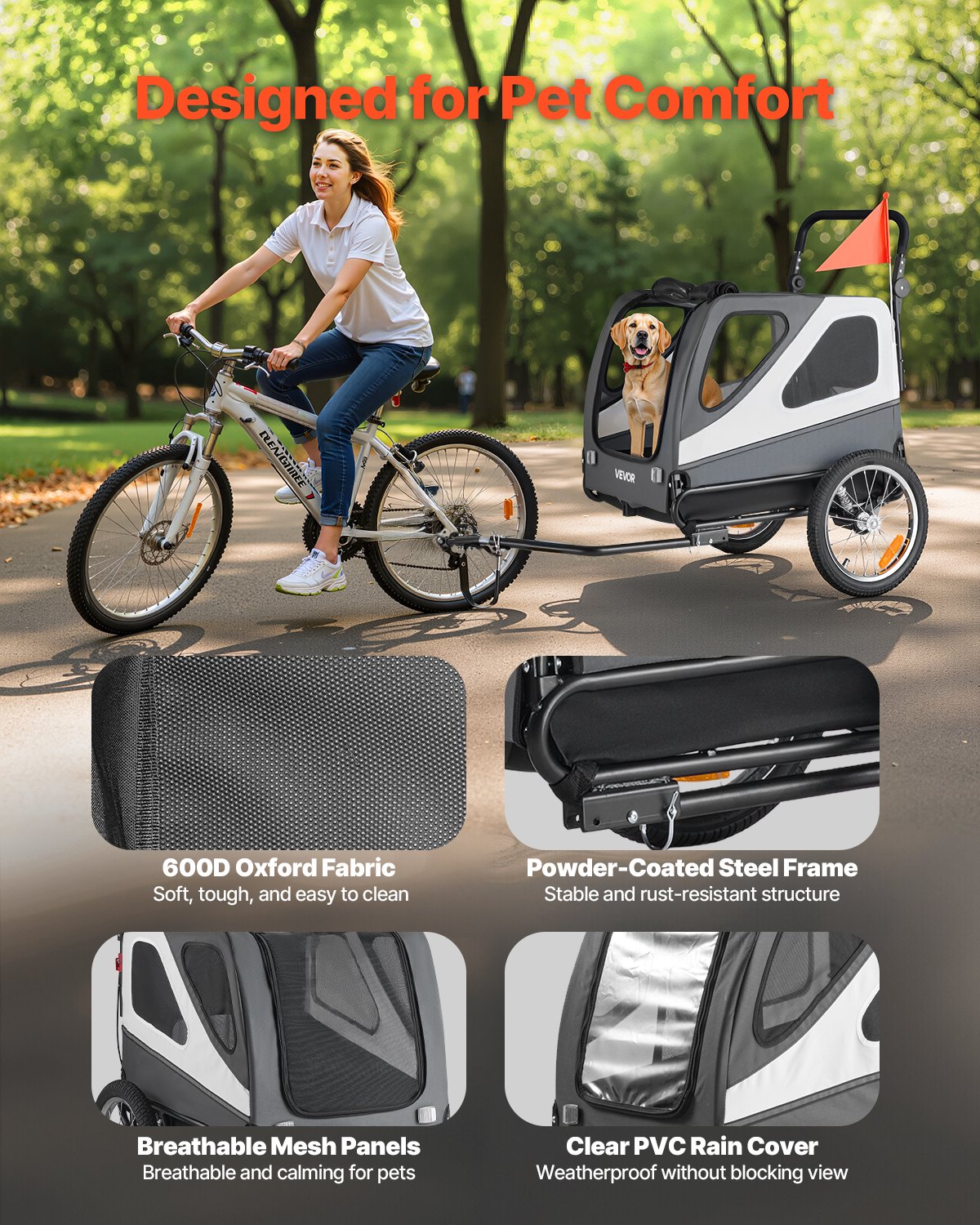 Dog Bike Trailer, Supports Up To 100 Lbs, 2-in-1 Pet Stroller Cart Bicycle Carrier For Small & Large Dogs, Easy Folding Frame With Quick Release Wheel, Universal Bicycle Coupler, Internal Leash — imagen 4