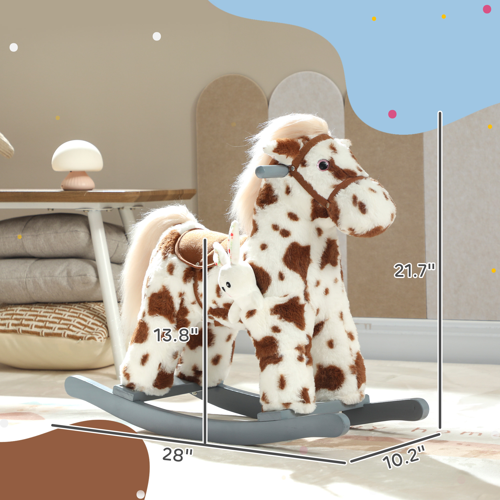 Caballo de Mueca con Muñeca de Conejo y Sonido de Niega Realista para Niños Pequeños, Pelo Suave de Color Marrón — imagen 6