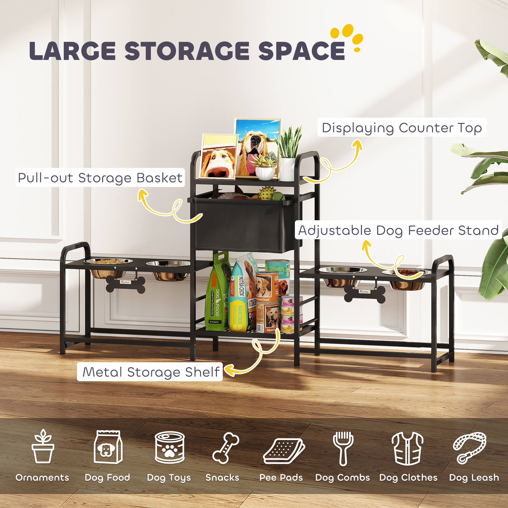 Soporte para Comederos de Perro con 3 Alturas Ajustables, 2 Estaciones de Alimentación, Cesta para Juguetes, Negro — imagen 8