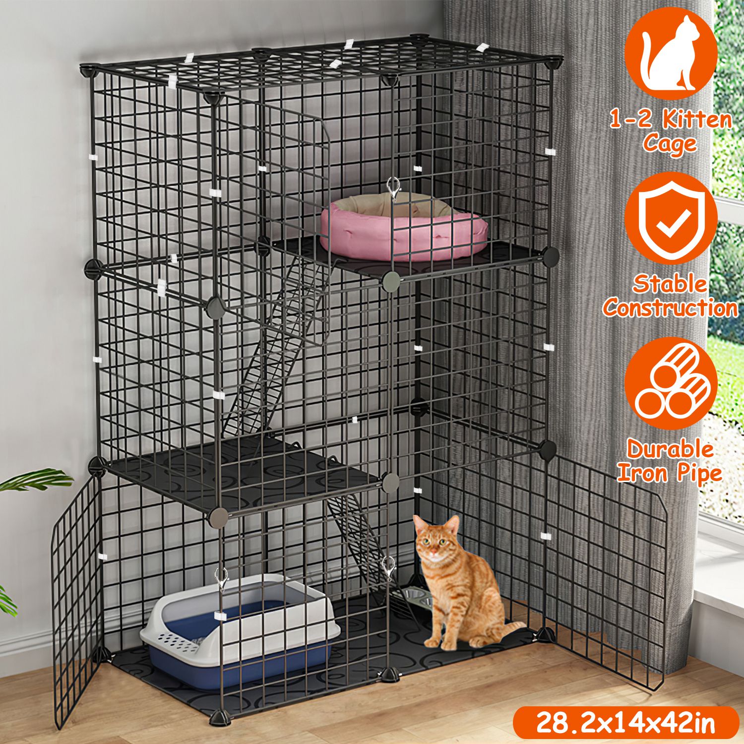 Jaula/Corral Metálico para Gatos de 3 Niveles, Casa Desmontable para Gatitos con 3 Puertas y 2 Escaleras, Amplio Espacio de Ejercicio para 1-2 Gatos, Negro — imagen 1