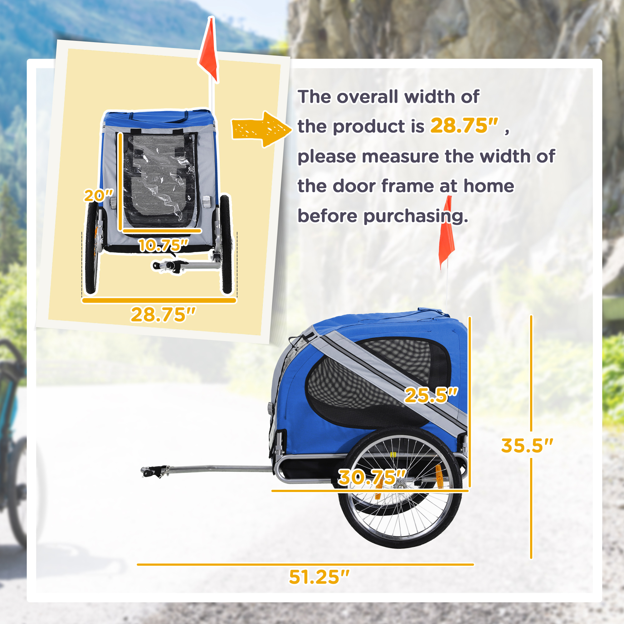 Trailer de bicicleta para perros, carrito de paseo para mascotas con armazón plegable fácil, ruedas de goma grandes de 20", 3 entradas, pantalla de malla, trailer de bicicleta para perros para terrenos difíciles y viajes, azul y blanco — imagen 7