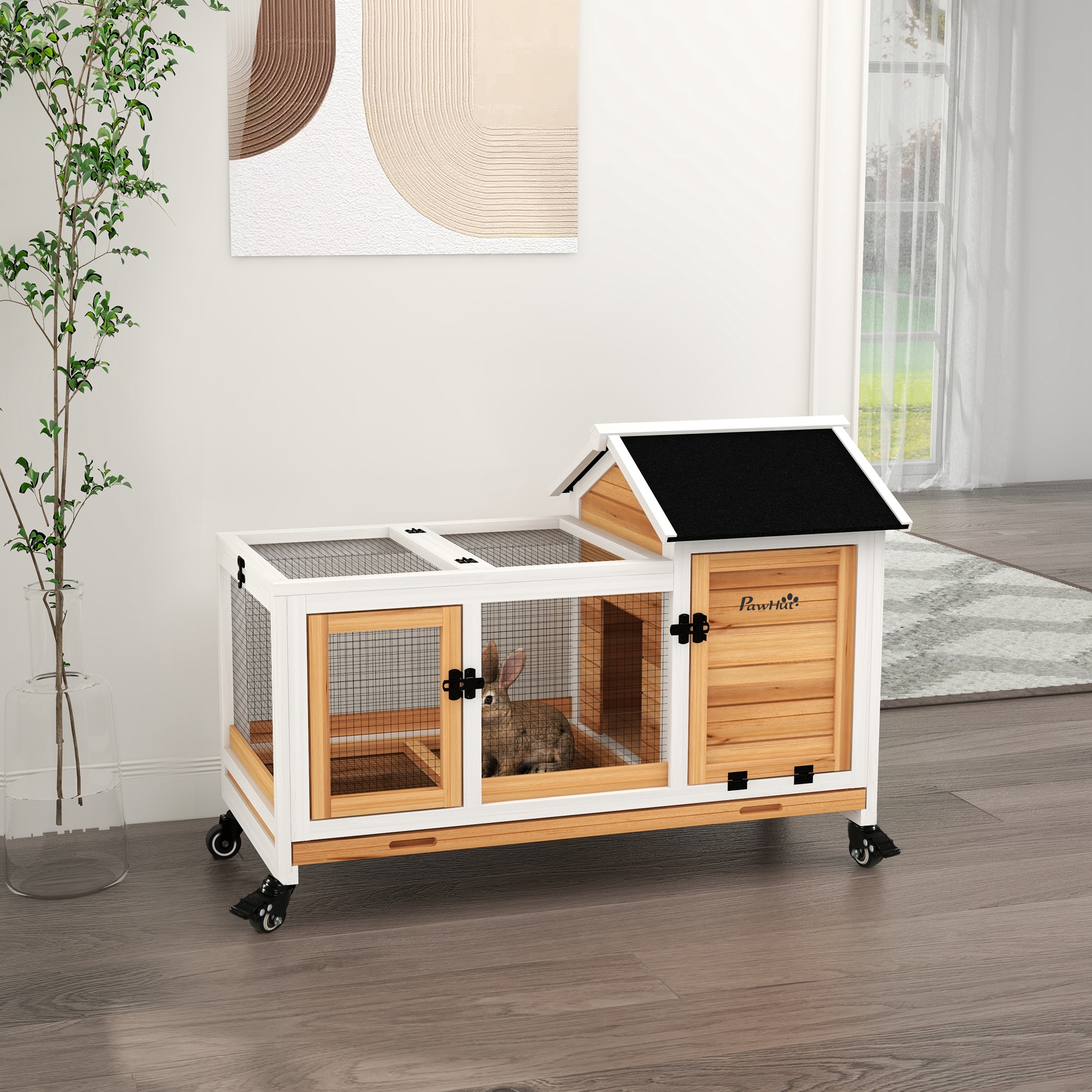 Wooden Rabbit Hutch with Wheels, Run, Slide-out Tray for Small Animals, Guinea Pig, Yellow — imagen 5