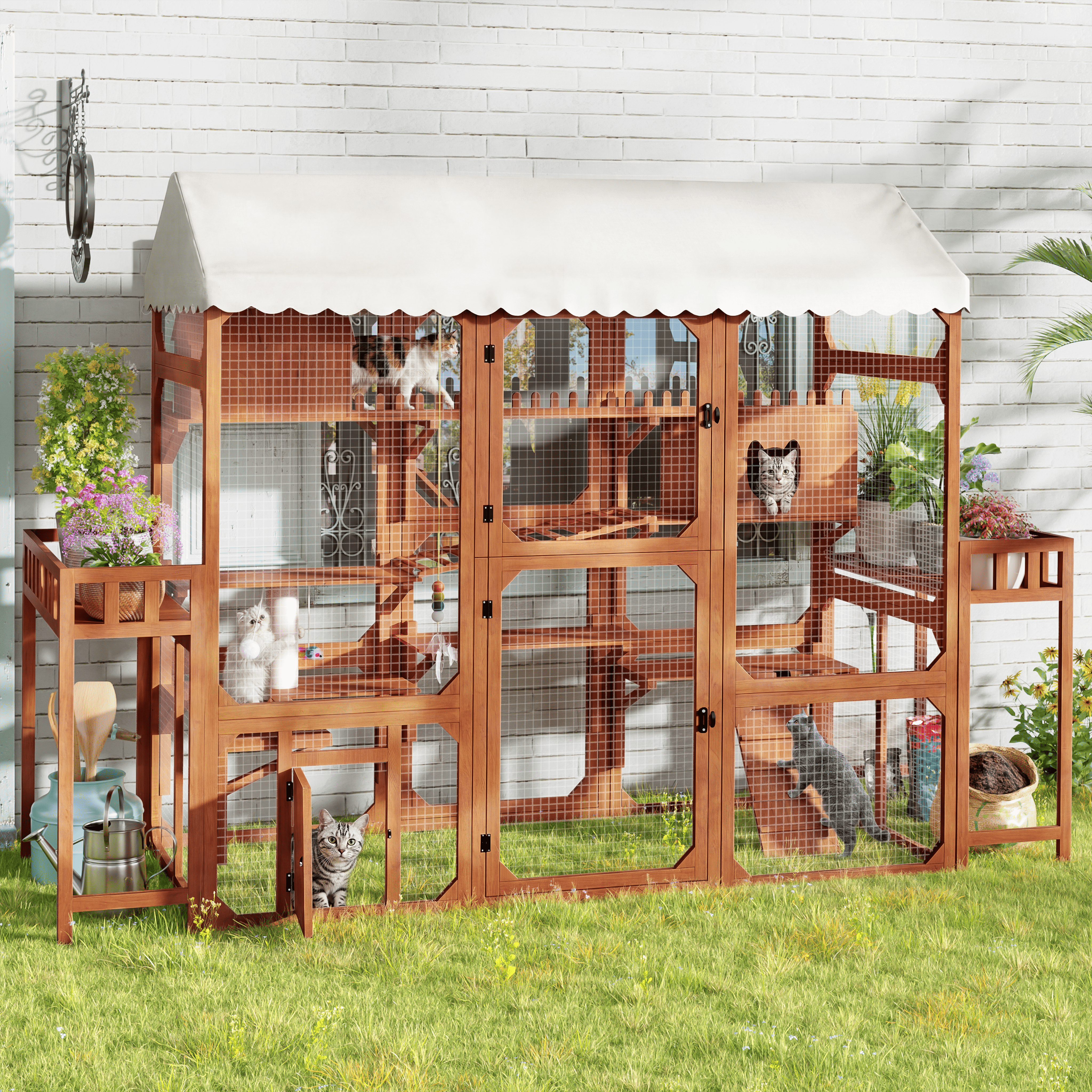 Catio Grande para Gatos al Aire Libre con 2 Poyos de Plantas, Jaula Multinivel de Entretenimiento con Techo Resistentente a la Meteorología y Accesorios para Patio — imagen 1