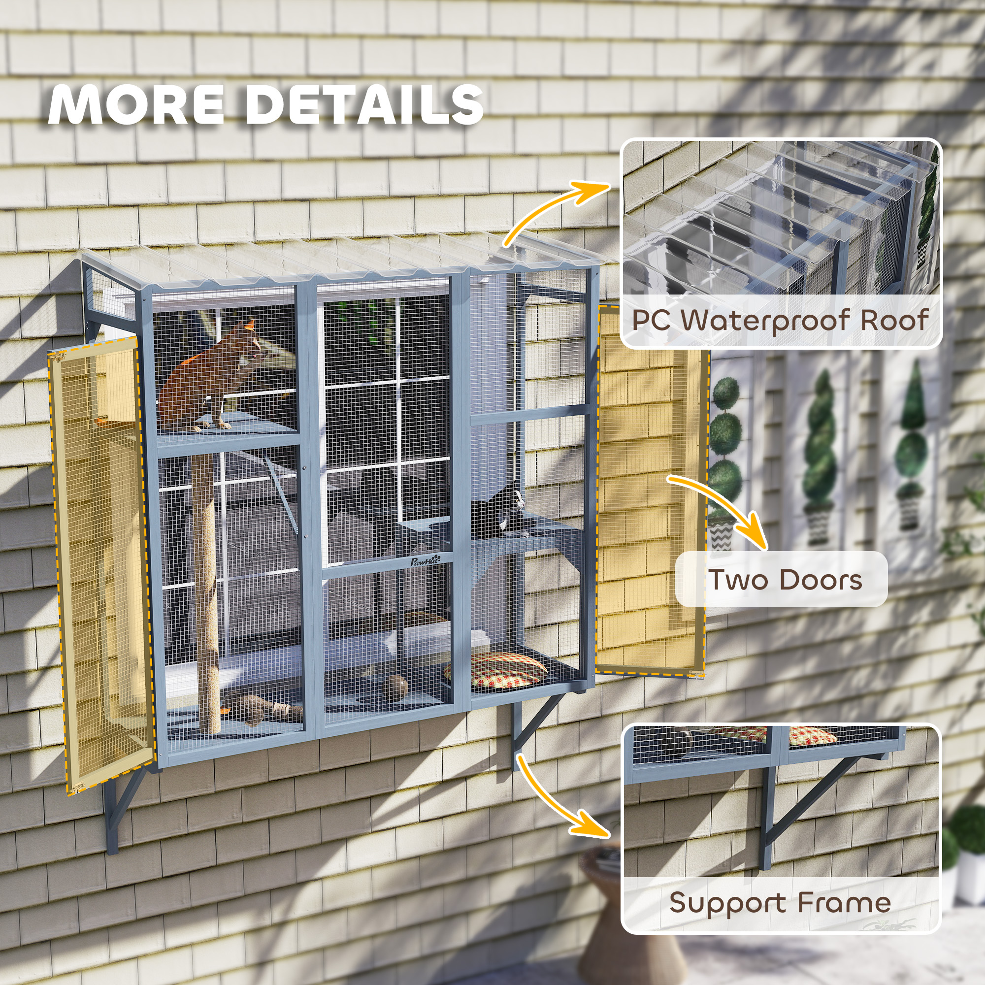 Catio Exterior para Gatos, Ventana para 2-3 Gatos Grandes con 2 Plataformas de Salto y Palo de Escarbar — imagen 8