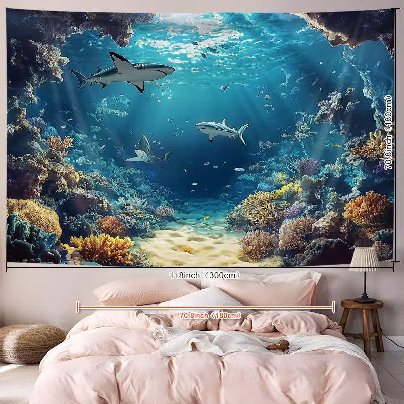 Underwater Ocean Wall Tapestry Shark Coral Reef Art Print Nature Decor For Bedroom Living Room Marine Theme Home Interior — image 3