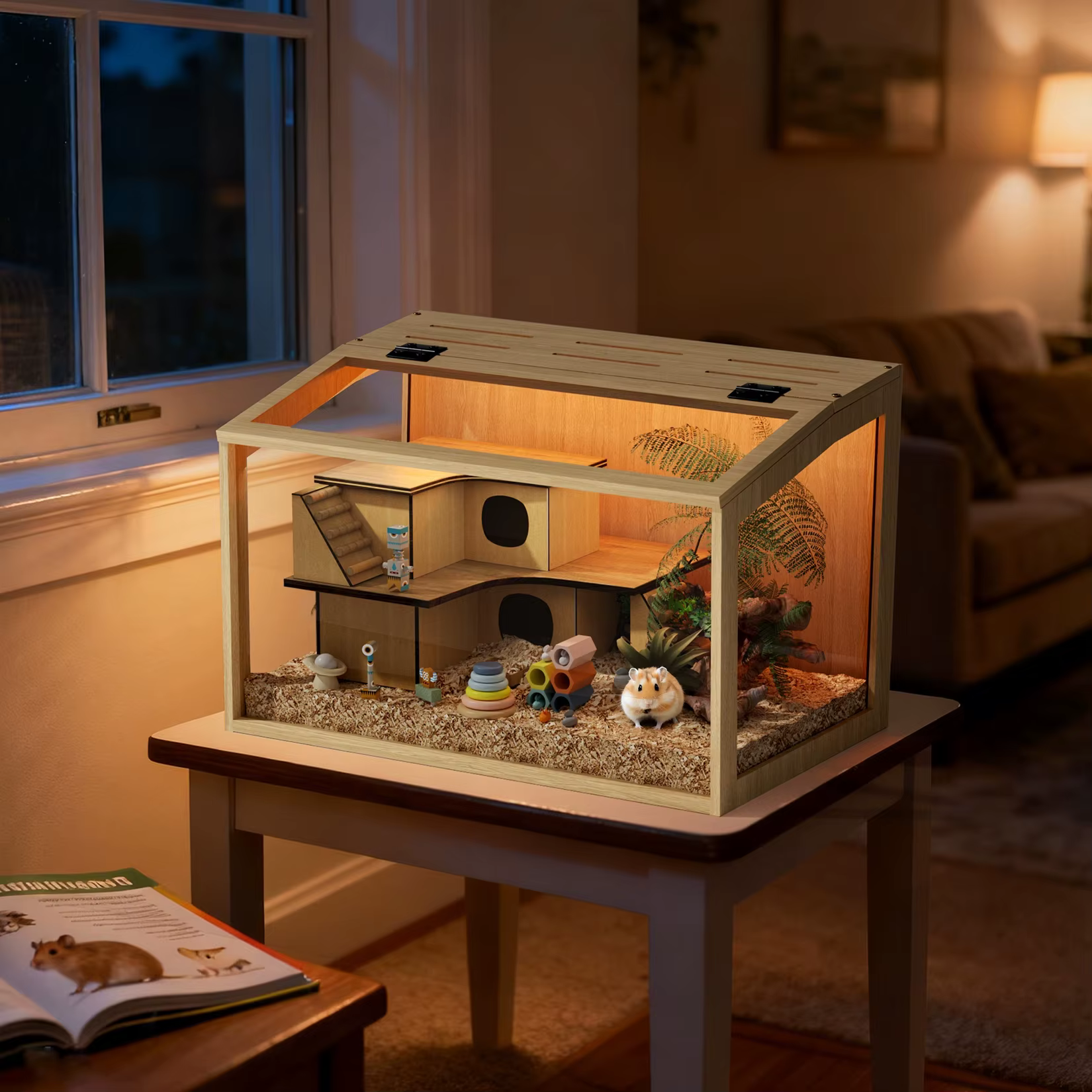 Large Wooden Hamster Cage Clear Tempered Glass Pet Small Animal Habitat Cage Playful Hutch House Built-in LED Light — image 8