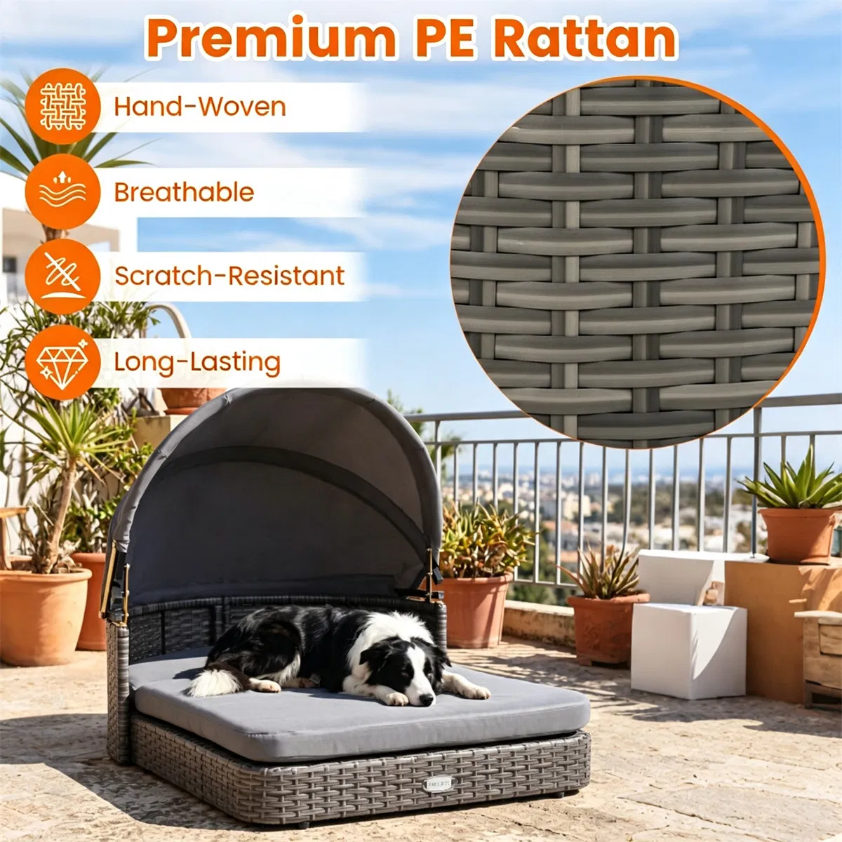 Gray Hand-Woven PE Rattan Dog Bed with Adjustable Canopy, Elevated Outdoor Pet Daybed with Washable Plush Cushion, Anti-Slip Breathable Pet Shelter for Indoor Patio Garden — image 11