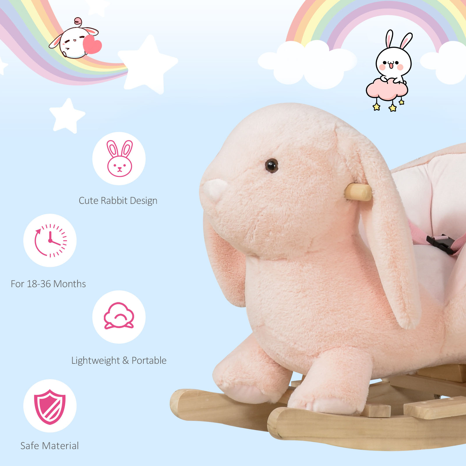 Rabbit Wooden Rocking Horse With Sound, Pink — imagen 5