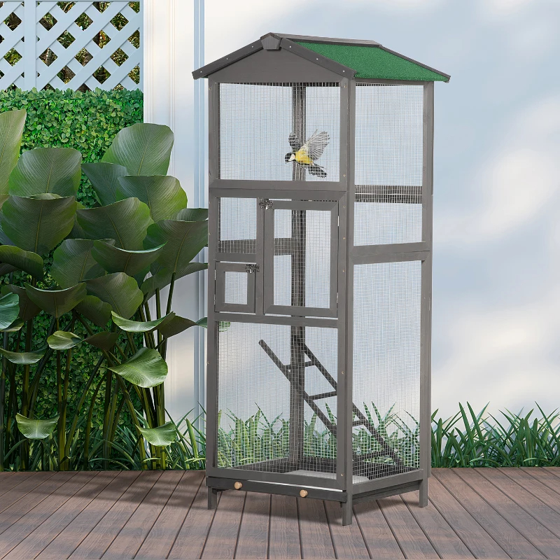 Wooden Bird Cage Outdoor Aviary House For Parrot, Parakeet, With Pull Out Tray And 2 Doors, Grey — imagen 10