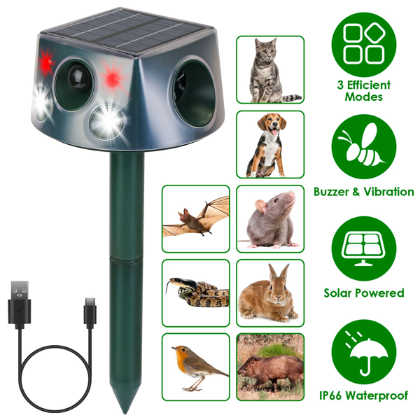 Repelente Solar y de Carga Reutilizable para Animales - 3 Modos Ultrasonido+Buzzer+Vibración, IP66 Resistente al Agua, Batería 2200mAh, Repela Topillos Murciélagos Ardillas Pájaros para Jardín Granja Campo — imagen 1