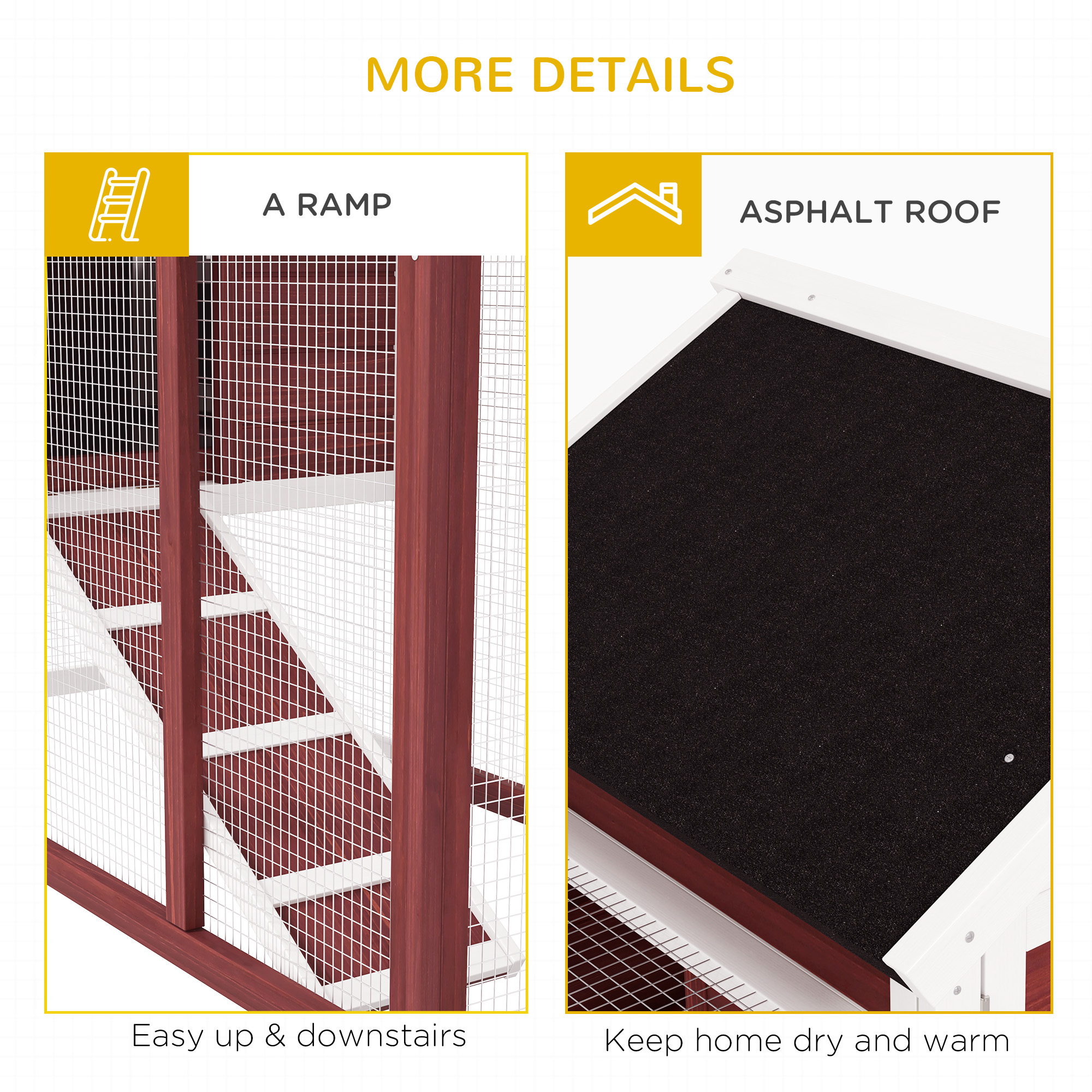 49" Wooden Rabbit Hutch Bunny Cage with Waterproof Asphalt Roof, Fun Outdoor Run, Removable Tray and Ramp, for Rabbits, Chickens, Ducks, Brown — imagen 6
