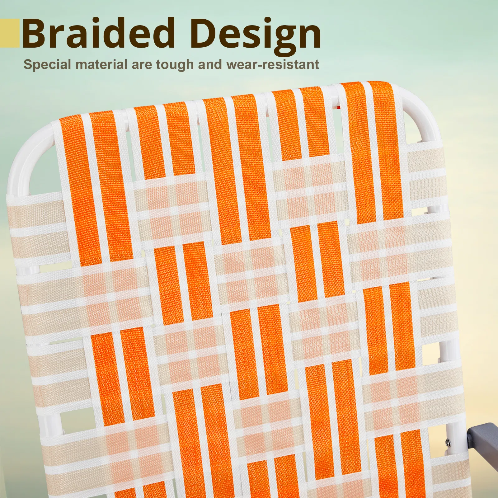 Set of 2 Webbed Folding Beach Chairs, Outdoor Patio Lawn Foldable Chairs for Camping Fishing Yard Poolside BBQ, Orange & White — image 12