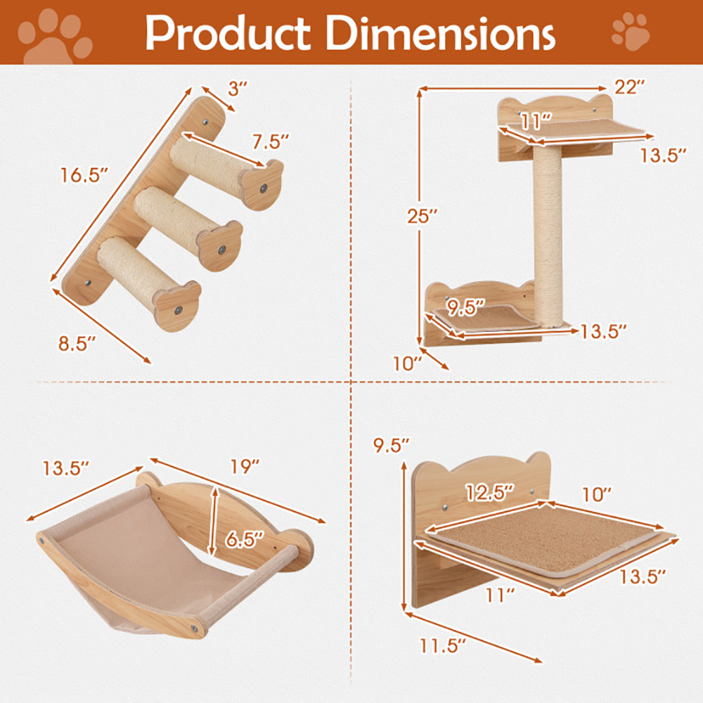 Conjunto de Mobiliario para Gatos en la Pared con Hamaca - 4 Piezas, Árbol de 2 Niveles y Percha — imagen 2