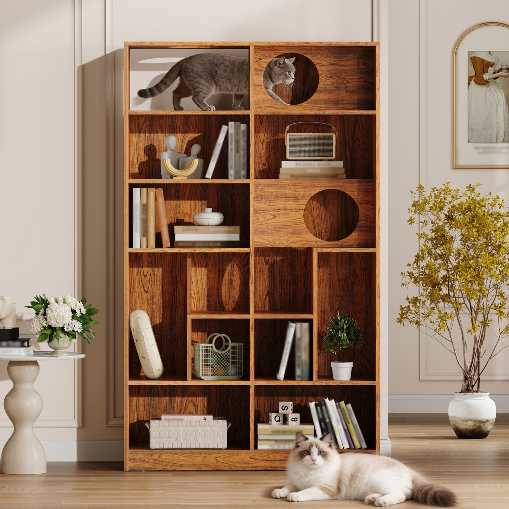 Modern 2 IN 1 Wood Bookshelf Cat House, Cat Tree Display Case With Storage, Cat Litter Box Enclosure Climbing Shelf - BROWN — image 3