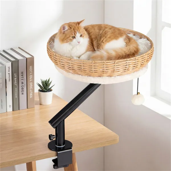360° Rotatable Desktop Cat Bed Perch, 2-in-1 Workspace Cat Retreat With Jingling Ball (Natural + Black + White) — image 5