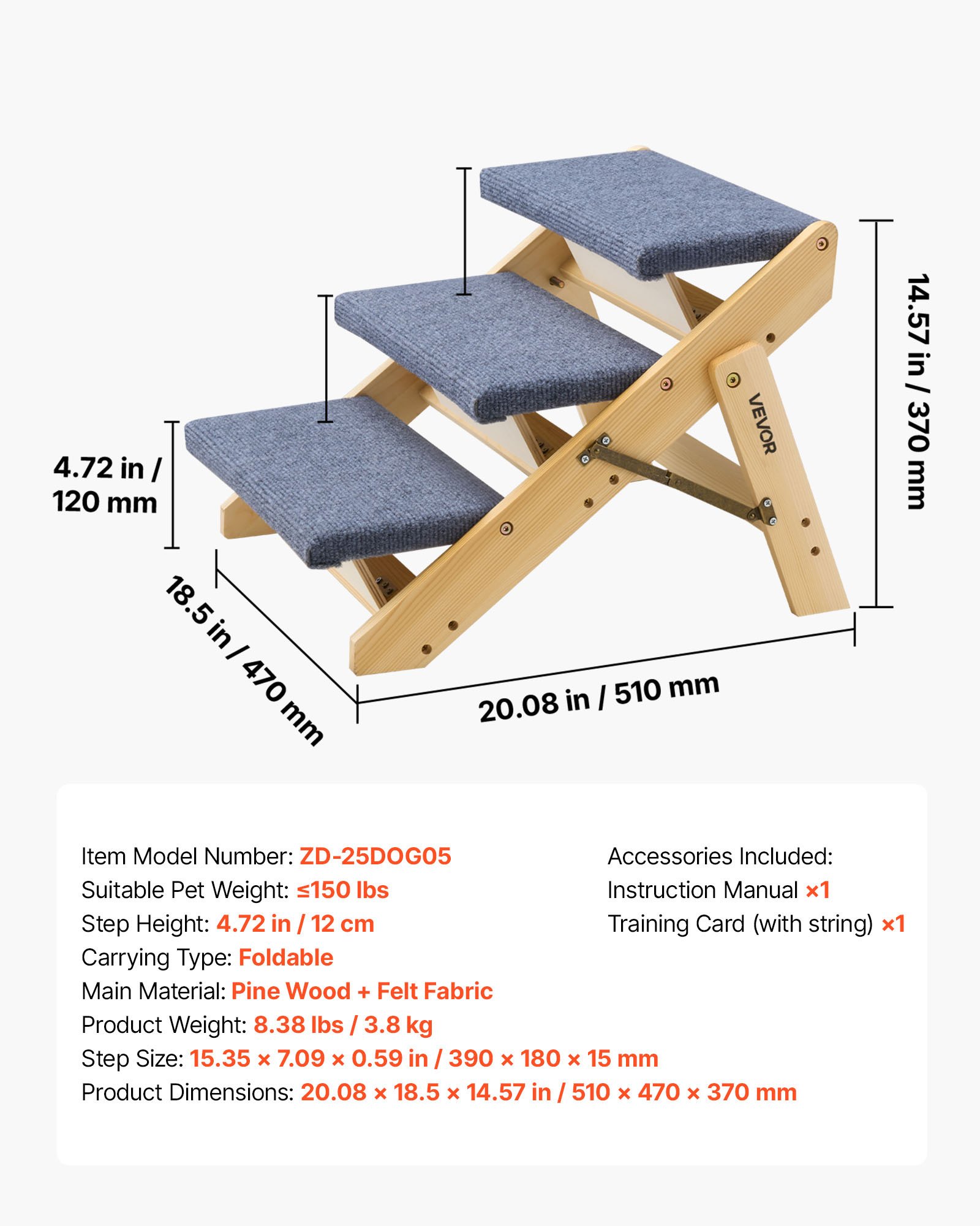 Wood Pet Stairs, 3-Step Dog Stairs For Beds, Sofa & Cars, 150lbs Load Capacity, Floded Flat Design, Stable & Sturdy Cat & Dog Step Ladder For Small Medium Large Older Pet Puppy — image 1