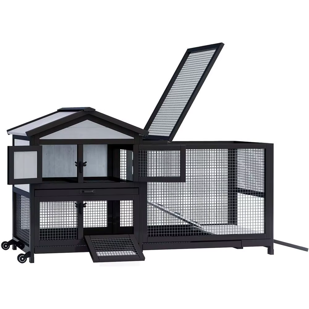 Caja para Conejos 58" Cárcel de Conejos Exterior e Interior Coop de Pollos para Conejos y Guinea Pigs con Ruedas con 3 Rejillas Profundas Sin Derrames Retirables — imagen 1