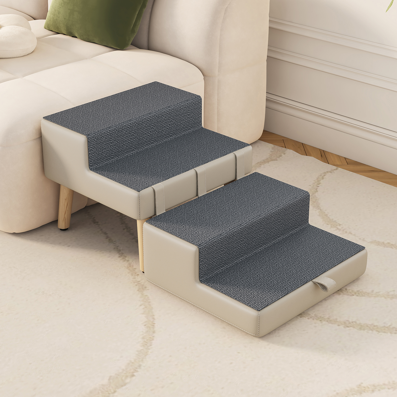 4-Step Ottoman Dog Stairs, 2-in-1 Foldable Pet Ramp for Bed, Dog Ramp for Small Puppy and Cats, Sturdy Wood Frame Support with Non-slip walking surface, Holds Up To 220lbs ( Light Grey Color ) — image 15