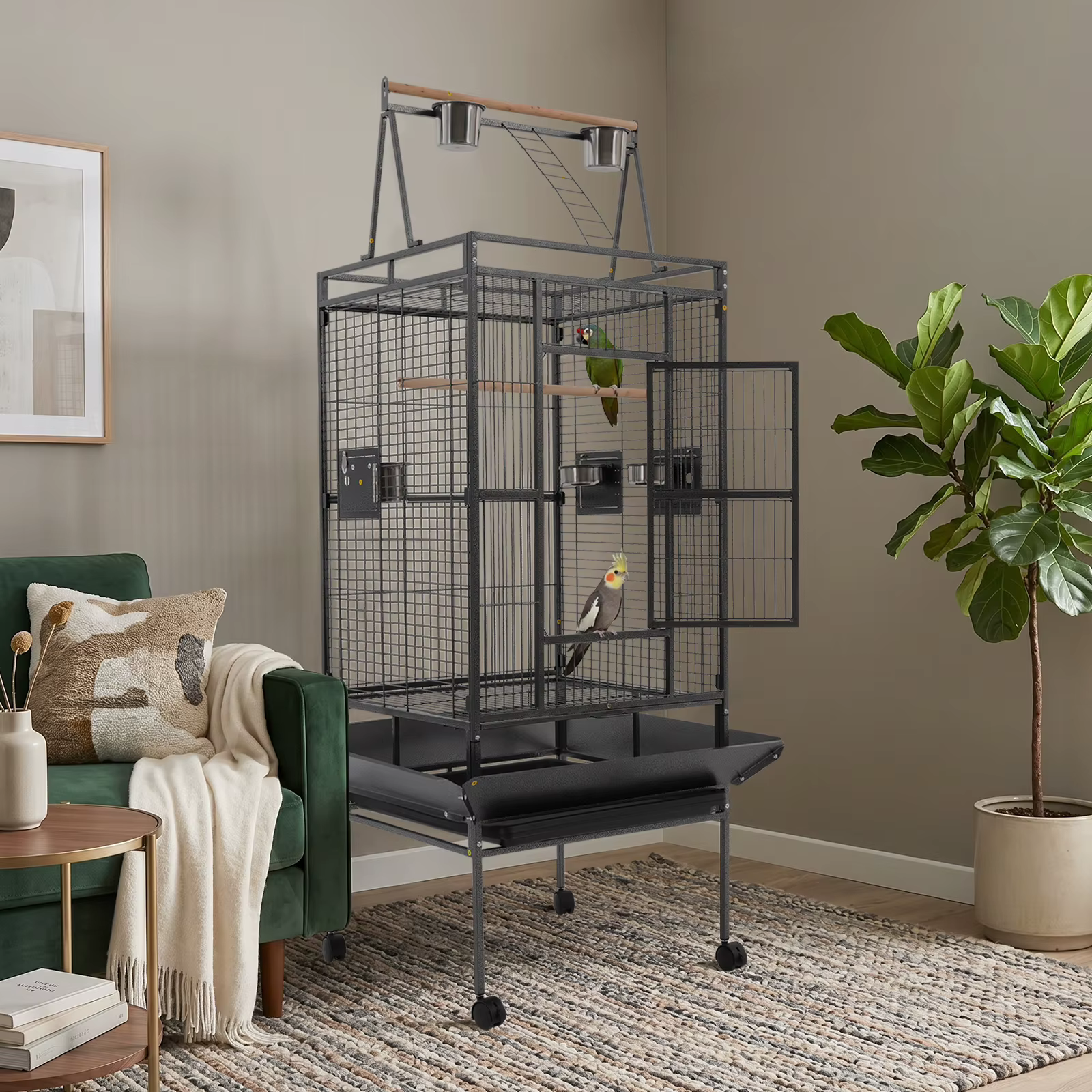 Cage de Rollado Grande para Loros con Ruedas Bloqueables, Hogar Metálico Espacioso para Aves de Medio Tamaño, Jaula Segura para Loros en Indoors y Outdoors — imagen 1