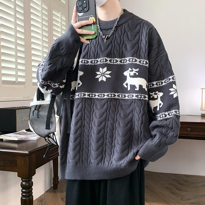 Thickened Casual Pullover Sweater with Jacquard Reindeer Pattern and Cable Knit Design — image 6