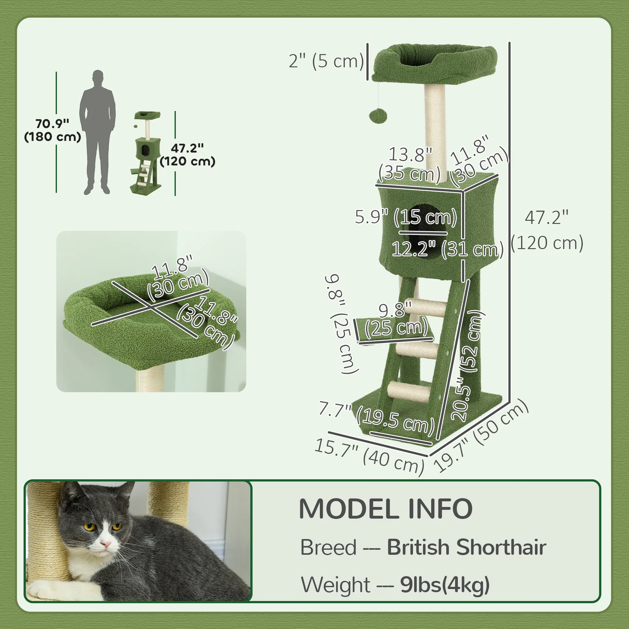 47" Tall Cat Tree Tower with Condo, Ladder, Scratching Posts and Hanging Ball, Green — image 6