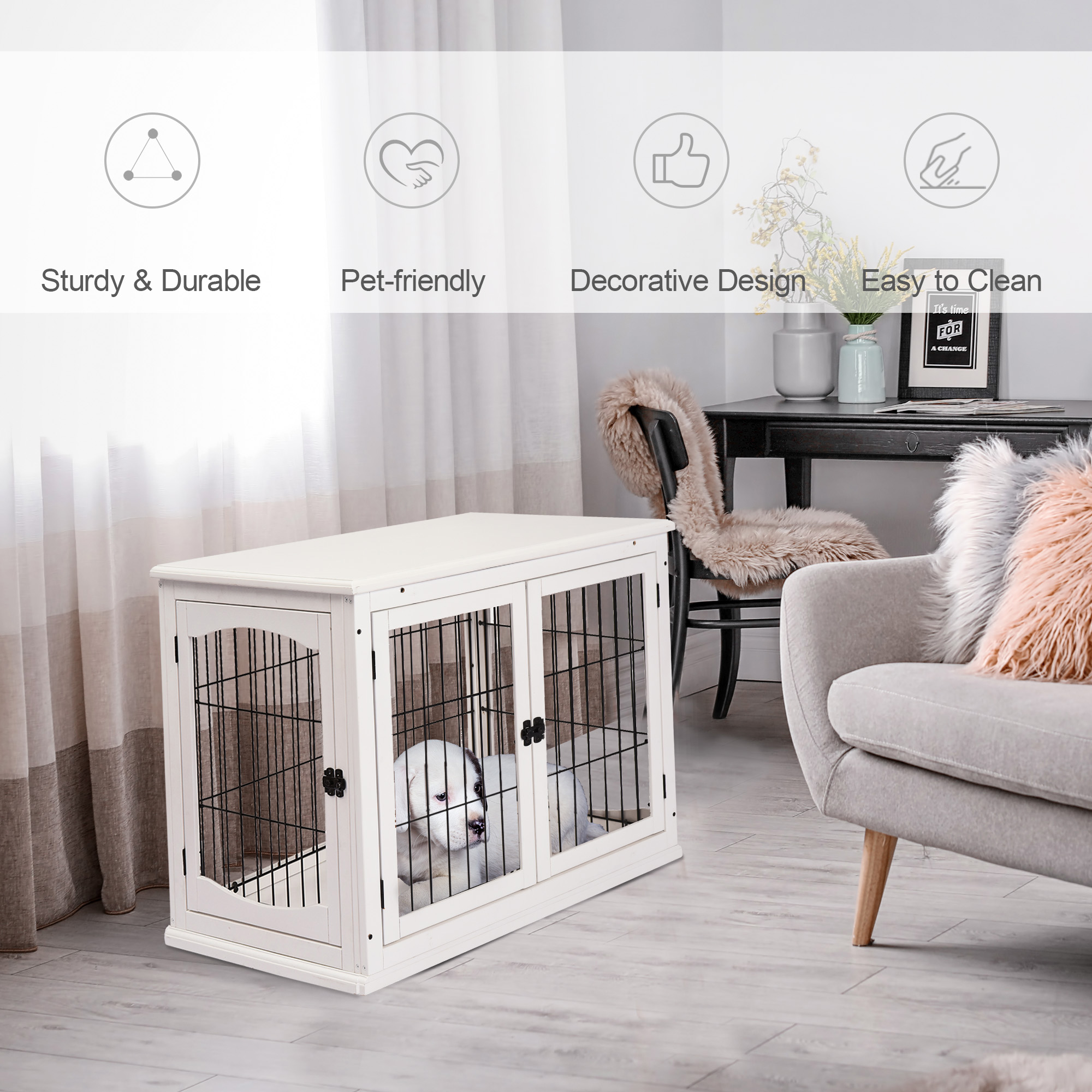 Dog Crate Furniture, 32" Small Dog Cage End Table with 2 Doors, Lockable Door, Puppy Kennel Indoor, White — image 2