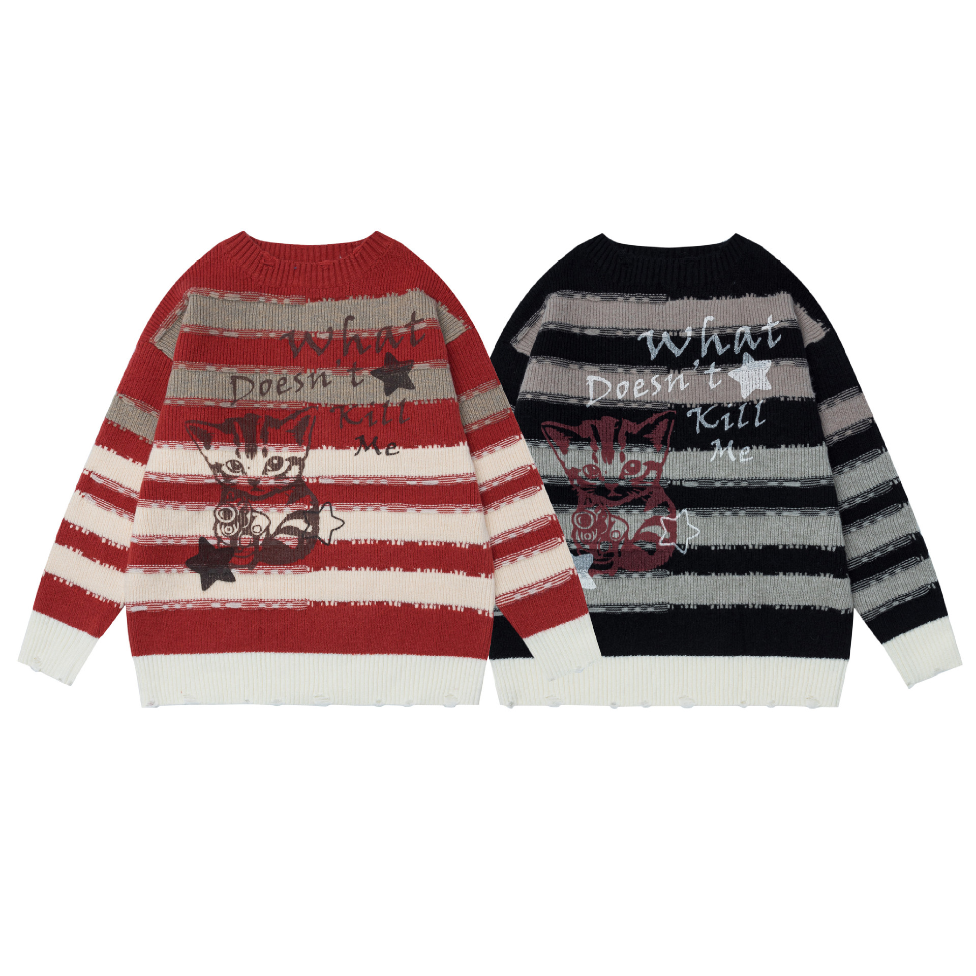 Striped hand-painted cat round neck sweater — image 6