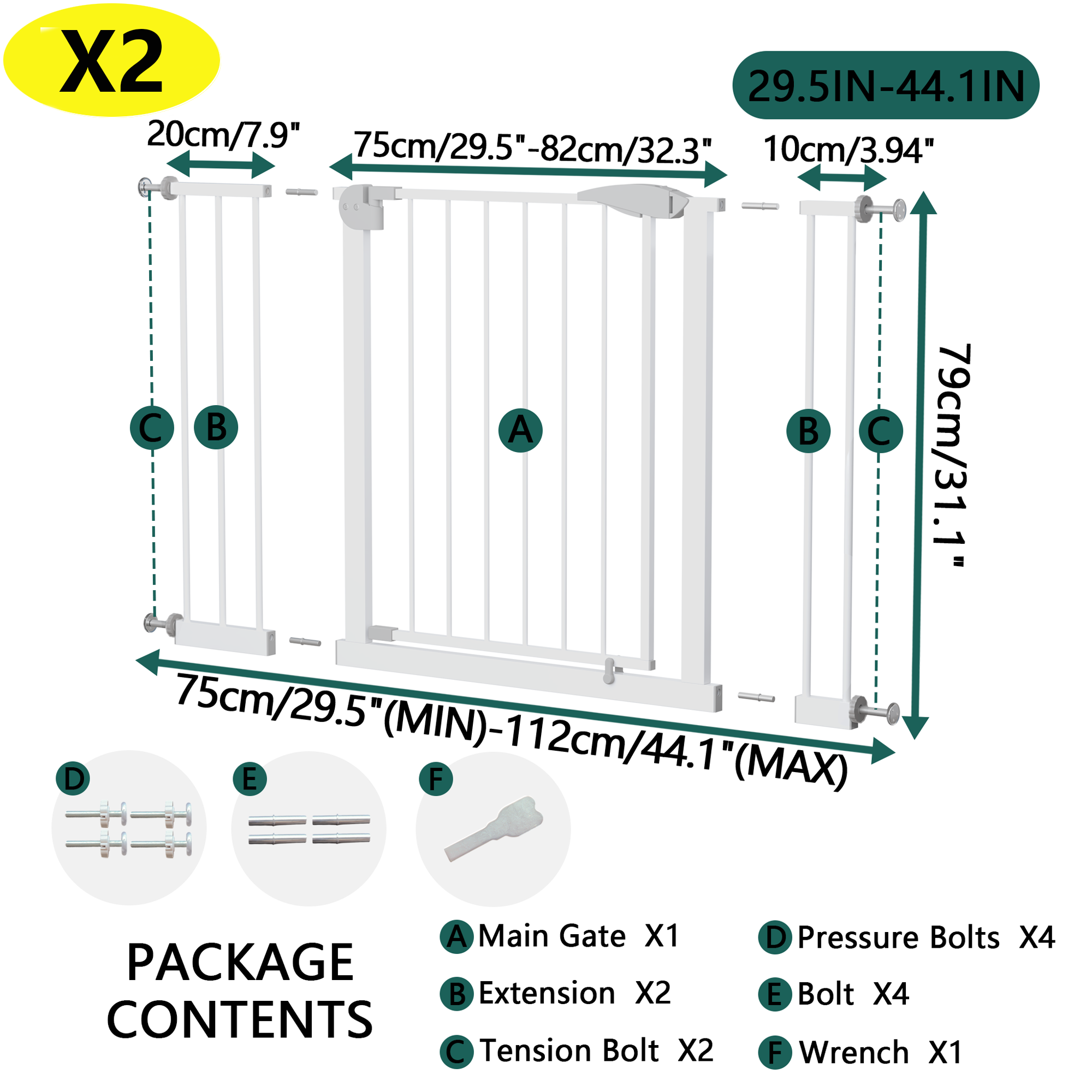 2 Pack 29.5-44.1" Wide Baby Gate for Stairs, Dog Gate Indoor for Doorways, No Drilling Pressure Mounted Pet Gates for Kids, Easy Walk Through Safety Gate, White — image 25