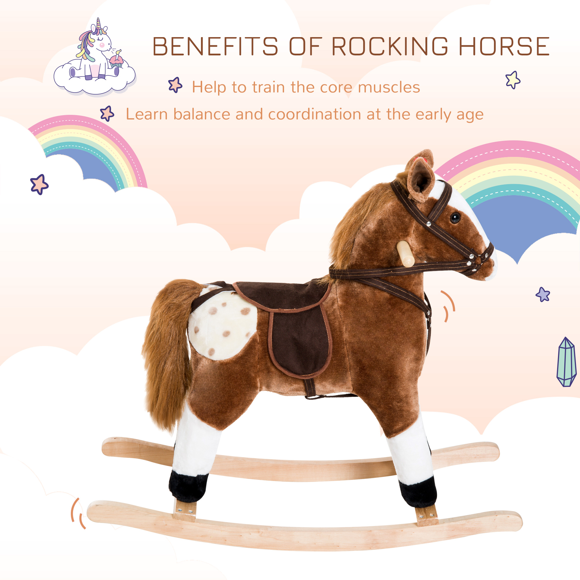 Kids Plush Toy Rocking Horse Pony Toddler Ride on Animal for Girls Pink Birthday Gifts with Realistic Sounds, Brown — image 4