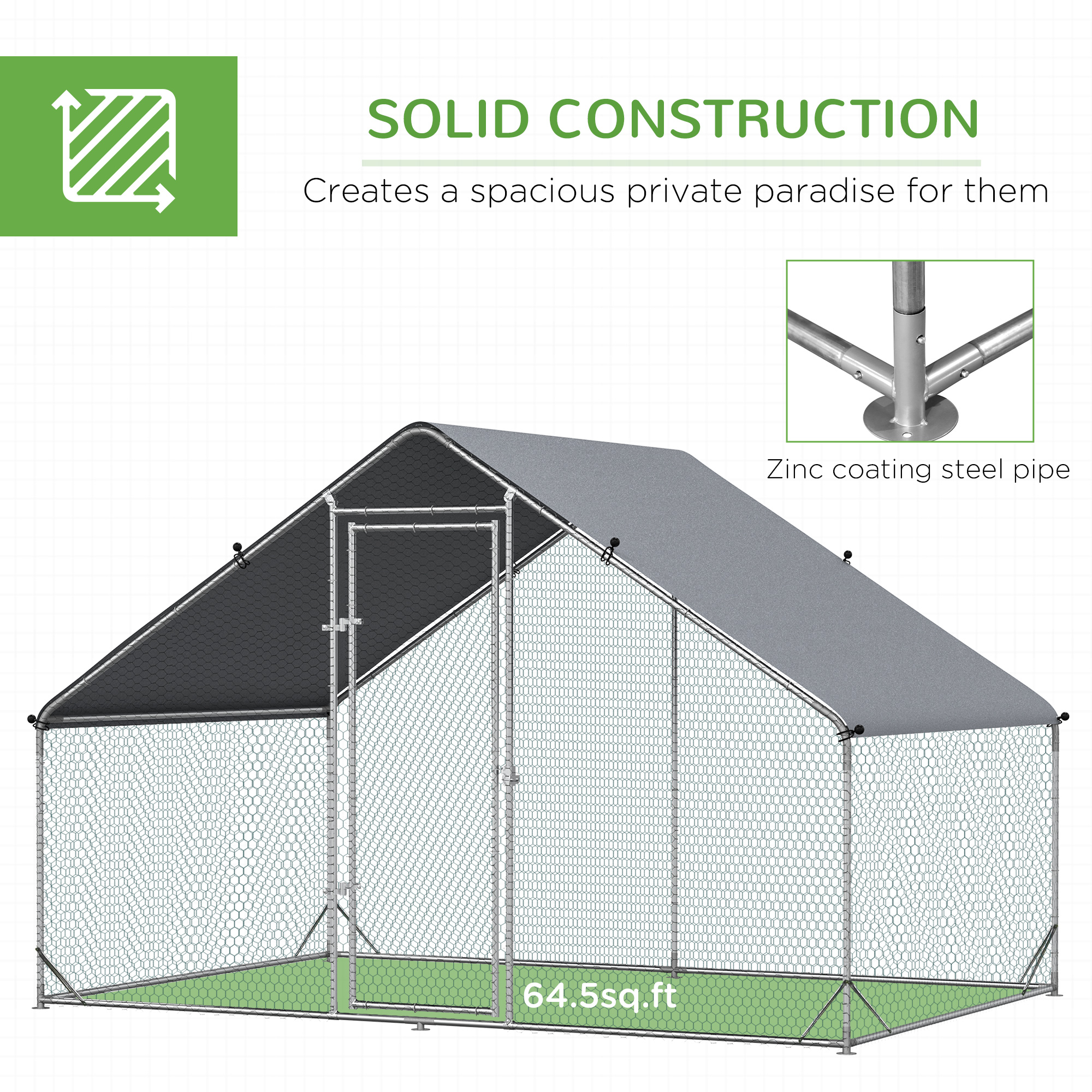 Cobertizo para Pollos de Metal con Corral Exterior y Cubierta Impermeable y Anti-UV, Forma de Aguja con Acceso Peatonal, Ideal para Jardín y Uso Agrícola Exterior, Diámetro de Tubo 2.5 cm, 9.8 x 6.6 x 6.6 ft — imagen 4