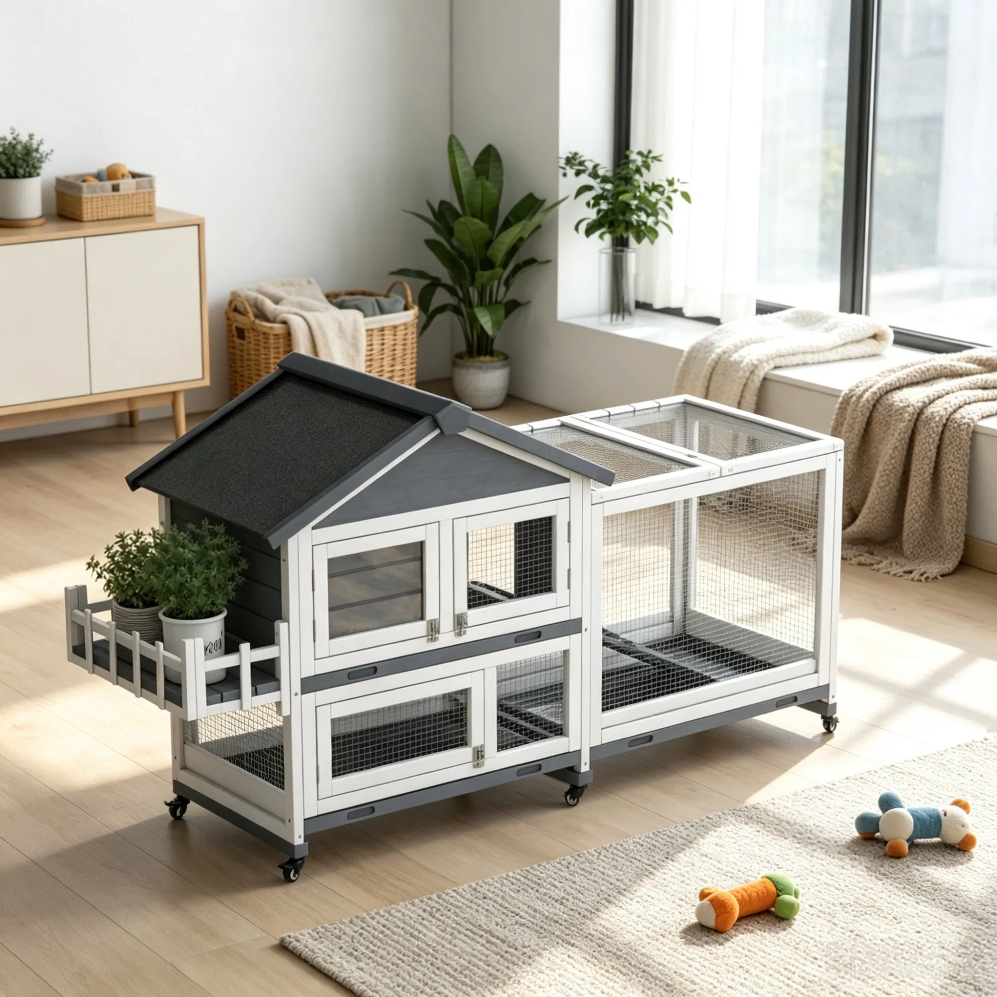 Gray 65" Spacious Wooden Rabbit Hutch: Pet Playpen with Openable Roof for Easy Access & Storage Box for Rabbits — image 6