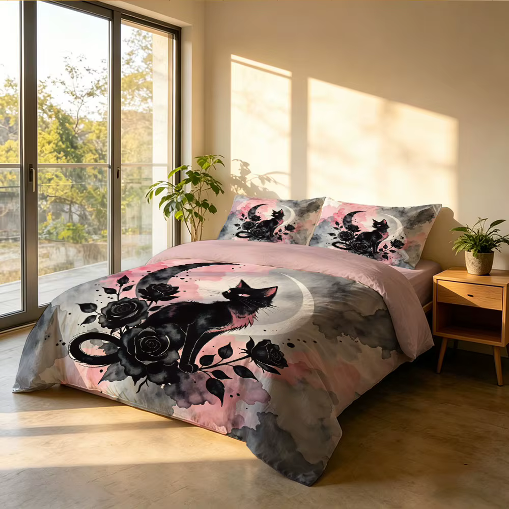 Set de Funda de Edredón de 3 Piezas con Estampado Floral de Gato Negro, Múltiples Tamaños, Cómodo y Lavable a Máquina — imagen 3