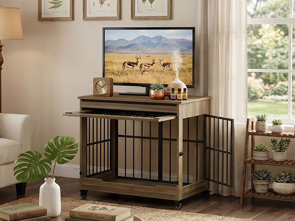 Dog Crate Furniture, Double Door Wooden Indoor Dog Kennel Furniture, Decorative Pet Cage End Table With Wheels For Medium And Small Breed Dogs, Size M, Greige — image 21