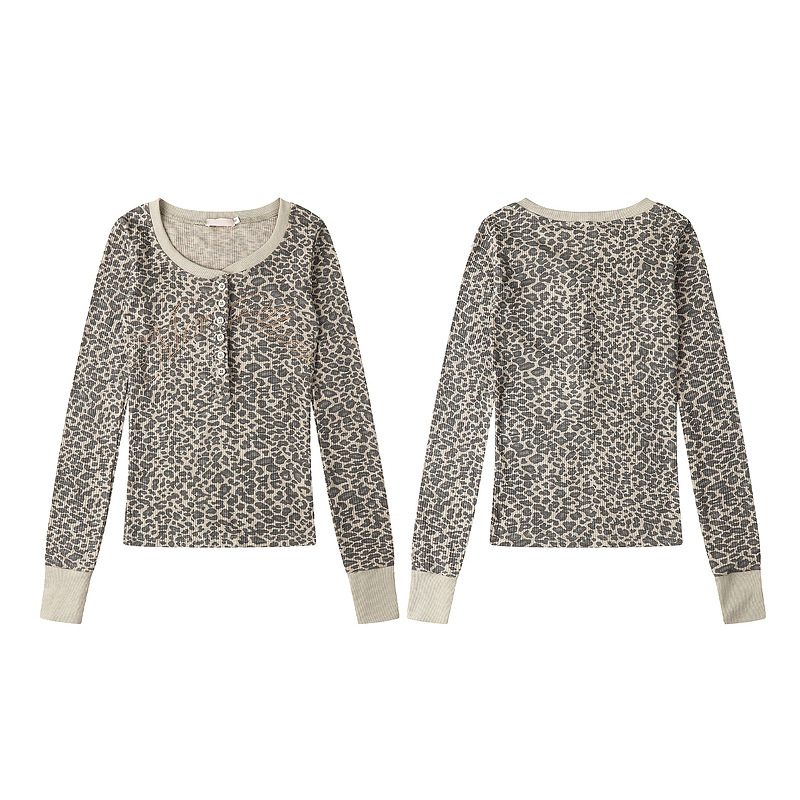 Coffee gray leopard print vertical slim fit long sleeved T-shirt — image 4