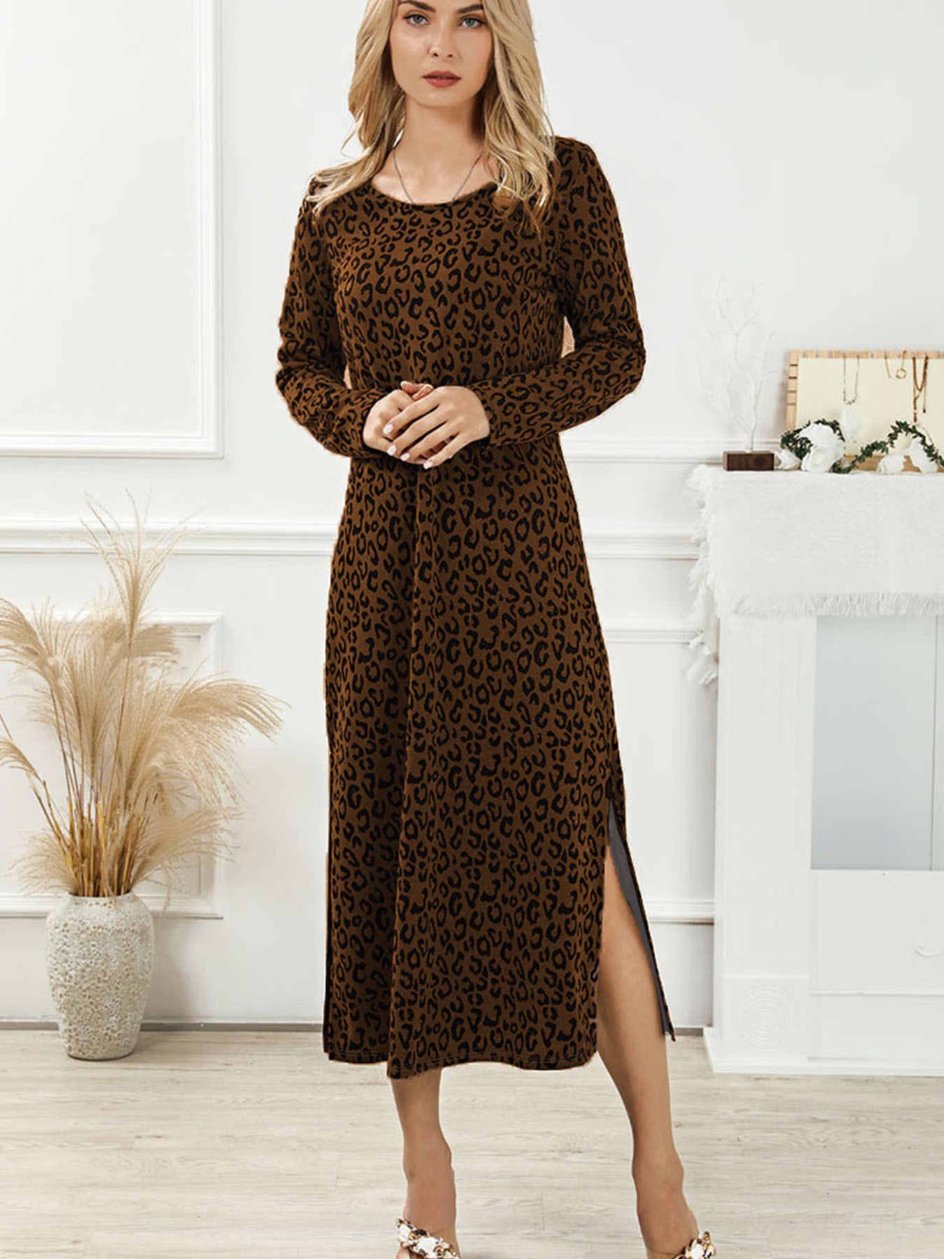 Vestido de Mujer Vintage con Estampado de Leopardo en Cuello Redondo y Manga Larga — imagen 9