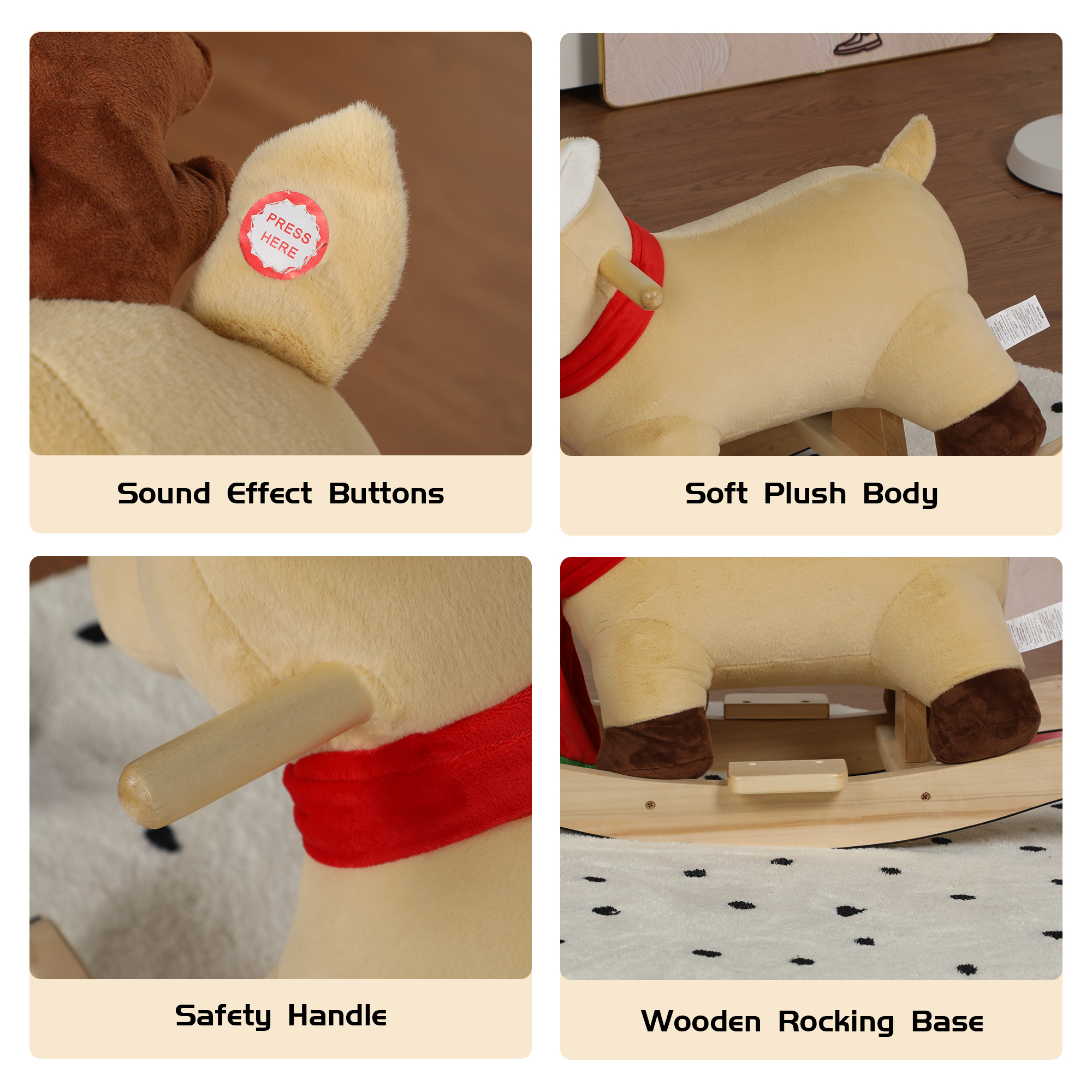 Kids Ride-On Rocking Horse Toy With Lullaby Song, Moose Rocking Toy With Hand Puppets And Safety Belt For Children 1-3 Years, Soft Plush Fabric, Apricot, CPC Certified — image 5