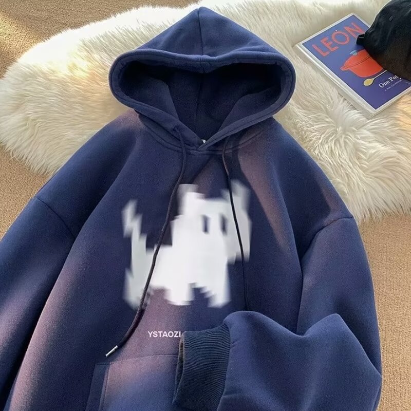 Kitten Pattern Hooded Heavyweight Fleece-Lined Oversized Men's Sweatshirt — image 12