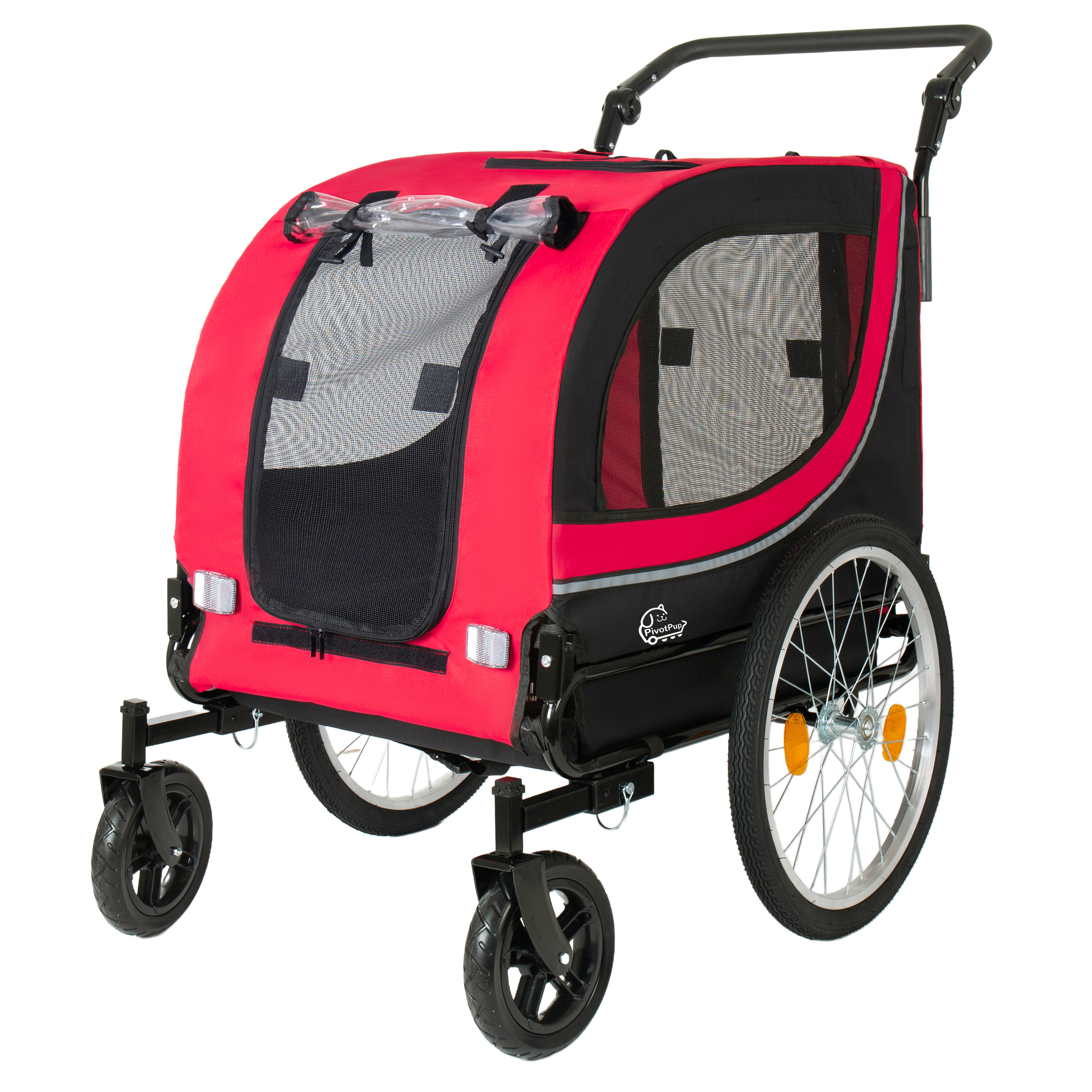2-in-1 Bike Trailer & Pet Stroller For Dogs Up To 100lbs Foldable Pet Carrier Cart With Two 8 Front Caster & 20 Quick Release Air-Filled Wheels, Breathable Mesh And PVC Rain Cover, Red — imagen 4
