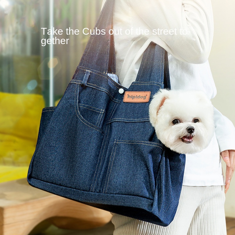 Dog Casual Denim Pocket Style Pet Carrier Backpack, Large Capacity, Crossbody Bag for Cats and Dogs — image 1