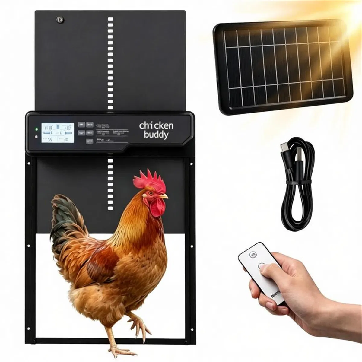 Solar Powered Automatic Chicken Coop Door with 4 Control Modes Light Sensor Timer Remote Manual, Anti-Pinch Weatherproof Aluminum Alloy Poultry Door Opener for Chickens Ducks Pigeons — image 1